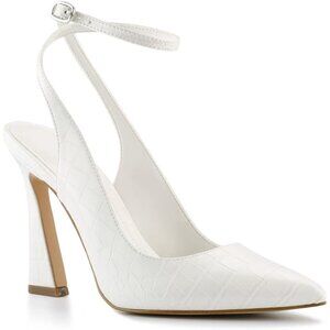 Women's White Faux Leather Pointed Toe Closed Ankle Strap Stylish Comfort Heel